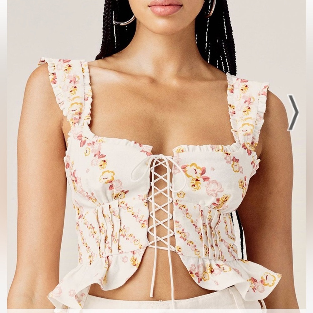 For Love And Lemons Floral Lace-Up Top - Cream and Pink